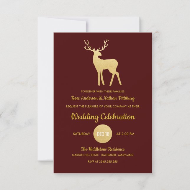 Convites Reindeer Antler Faux Gold Foil| Casamento Elegante (Frente)