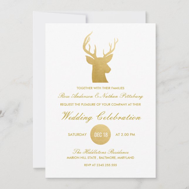 Convites Reindeer Antler Faux Gold Foil| Casamento no inver (Frente)