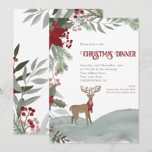 Convites Reindeer de Natal Red Berries Cinza Foliage Neve
