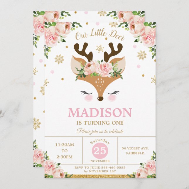Convites Reindeer Floral Flocos de neve Festa de aniversári (Frente/Verso)