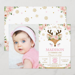 Convites Reindeer Floral Snowflakes Foto de Aniversário