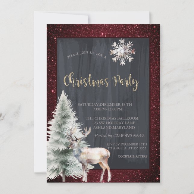 Convites Reindeer Pine Tree Red Glitter Natal (Frente)