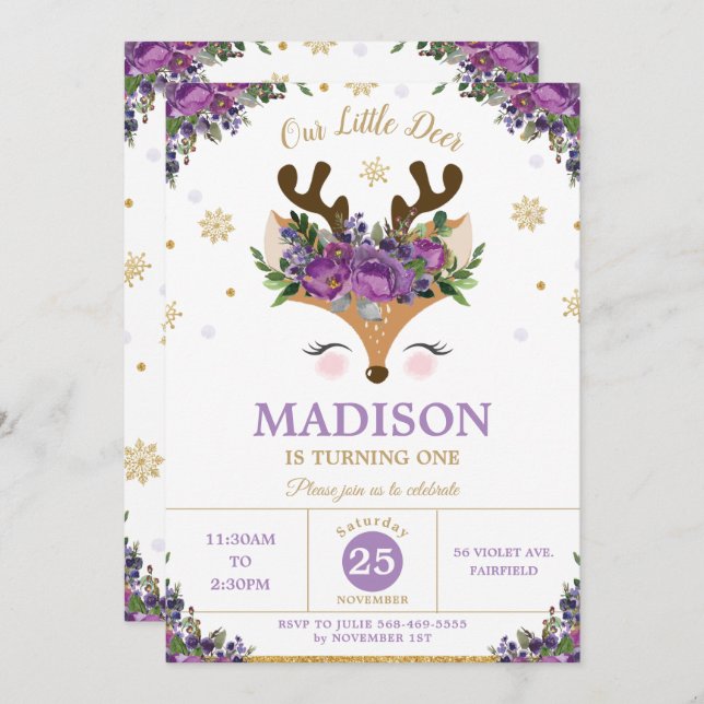Convites Reindeer Purple Floral Flocos de Neve Festa de ani (Frente/Verso)