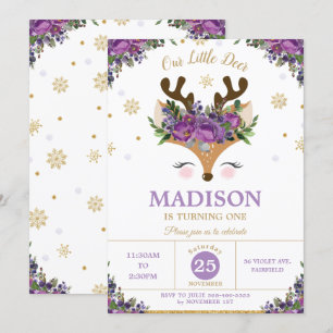 Convites Reindeer Purple Floral Flocos de Neve Festa de ani