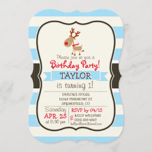Convites Reindeer Vermelho Nosed; Blue Stripes