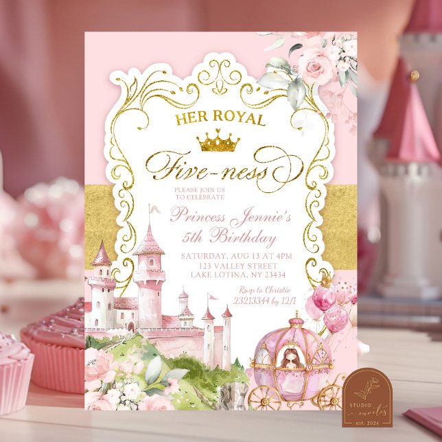Convites Reino Rosa e Dourado Fiveness Real 5º Aniversário (Criador carregado)