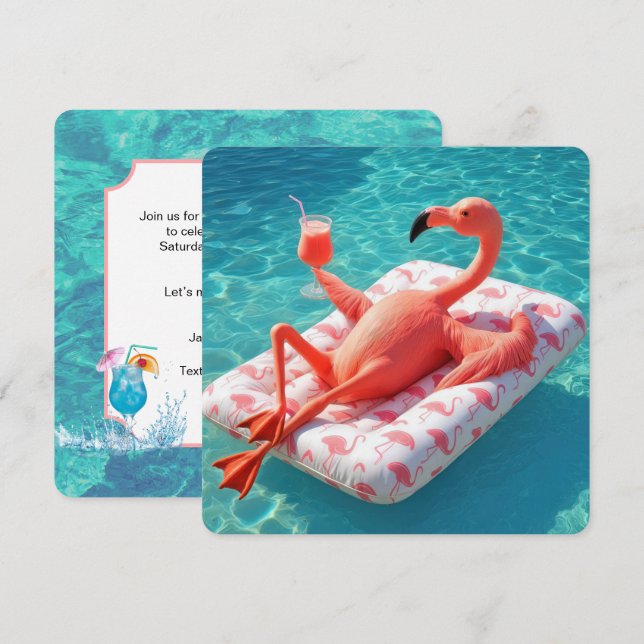 Convites Relaxing Flamingo Floating On a Pool Mattress (Frente/Verso)