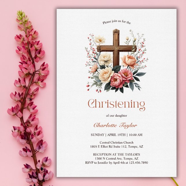 Convites Religião Floral Católica Cruzada Cristã (Religious Floral Catholic Cross Girl Christening Invitation)