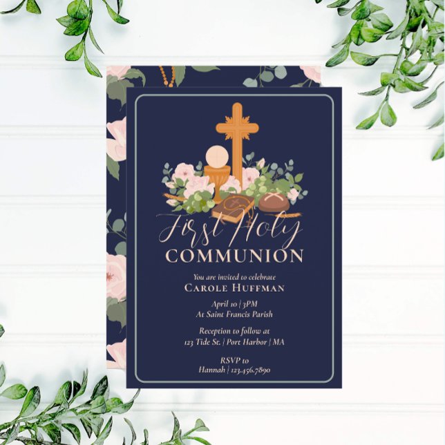 Convites Religião Moderna Floral Primeira Sagrada Comunhão (Criador carregado)