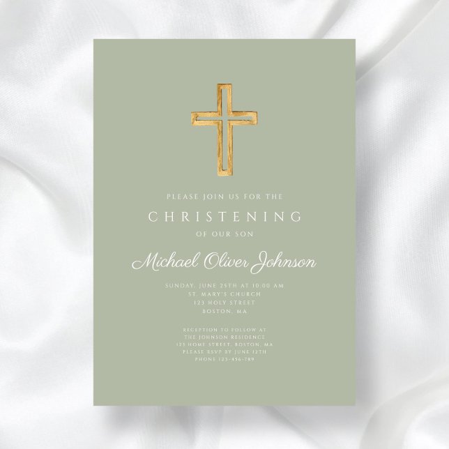 Convites Religião Sage Green Wood Cross Christening (Religious Sage Green Wood Cross Christening Invitation)