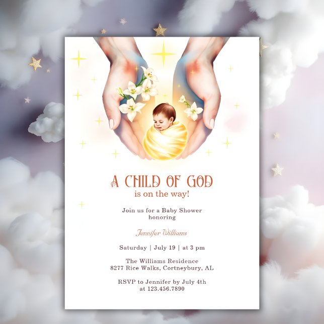 Convites Religião Uma Criança de Deus Chá de fraldas Cristã (Religious A Child of God Christian Baby Shower Invitation)