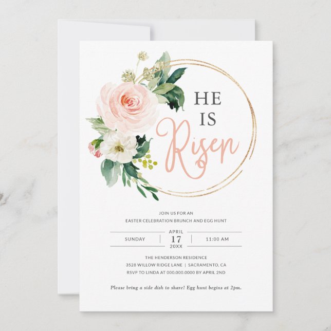 Convites Religioso Ele é Risen Páscoa Brunch Caça De Ovo (Frente)