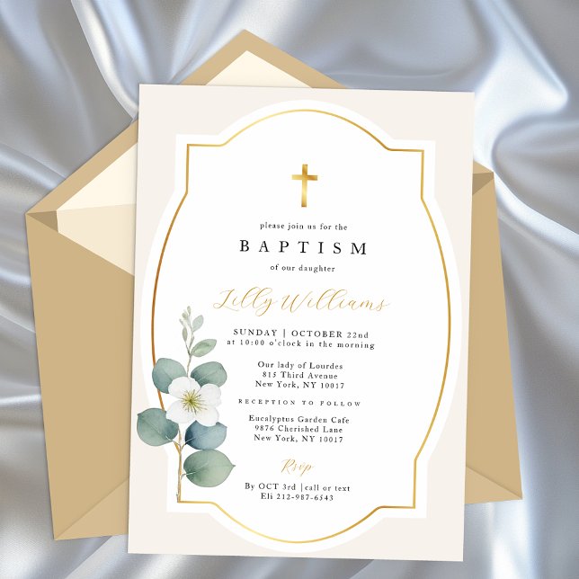 Convites Religioso Elegante do Batismo Dourado Clássico (Elegant Baptism Invitation )