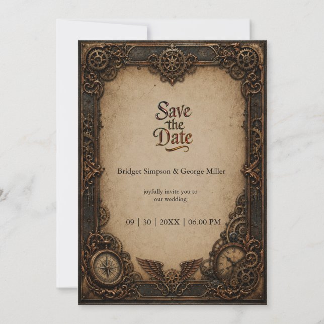 Convites Relógio de engrenagem Steampunk Gótico Casamento  (Frente)
