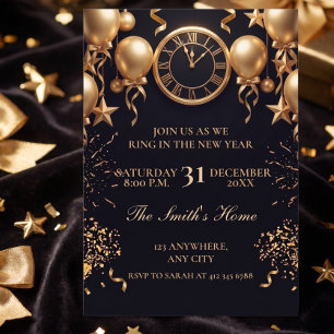 Convites Relógio Preto e Dourado Contagem Regressiva Festa