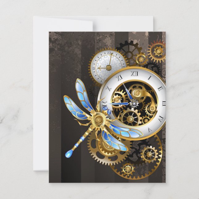 Convites Relógio Steampunk com Libélula Mecânica (Frente)
