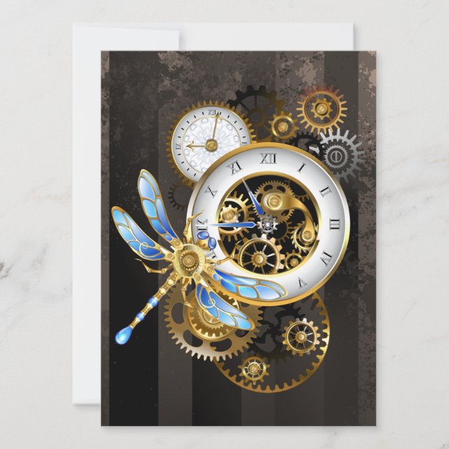 Convites Relógio Steampunk com Libélula Mecânica (Frente)