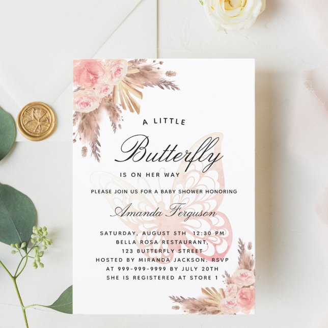 Convites relva-pampas-rosa-borboleta-chá de fraldas (Criador carregado)