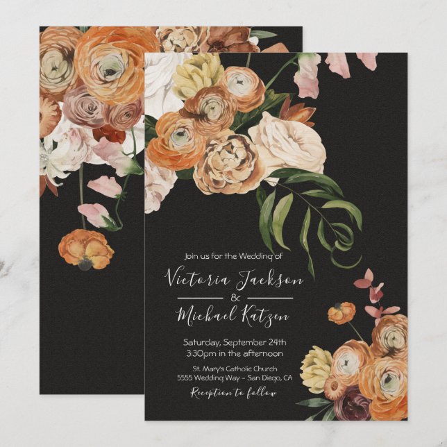 Convites Rembrandt Autumn Floral Dark & Moody Wedding (Frente/Verso)