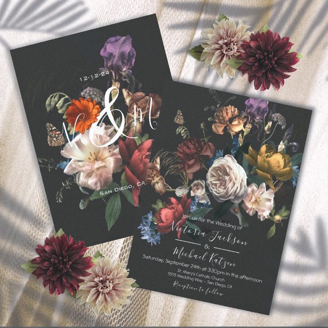 Convites Rembrandt Floral Dark & Moody Wedding Monograma (Criador carregado)
