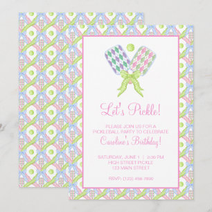 Convites Remos de Pickleball em Aquarela Preppy com Argyle