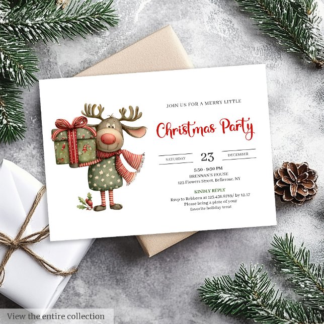 Convites Rena de Natal engraçada vermelha verde imprimível  (Funny Reindeer red green printable Christmas invite)