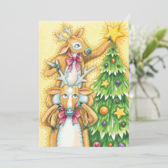 Convites Rena de Natal Fofa Com Estrela de Árvore de Natal (Em pé/Frente)