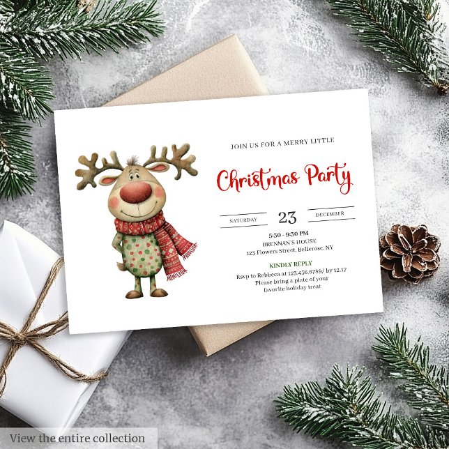 Convites Rena Desajeitada Celebração Moderna Vermelha Verde (Quirky Reindeer Modern Red Green Celebration Invitation

)