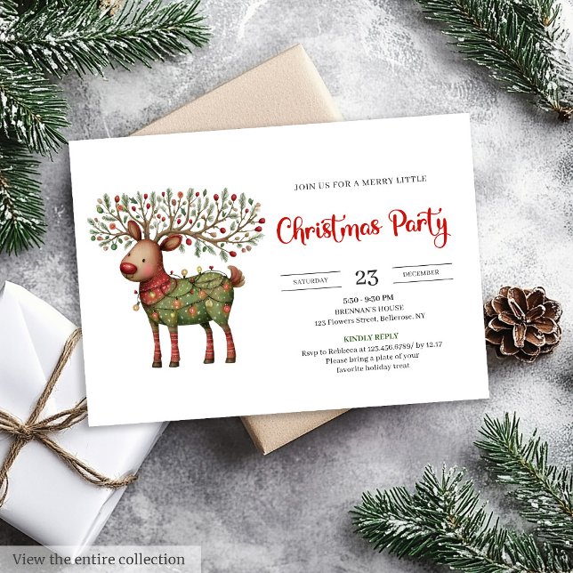 Convites Renas Quirky aquarela vermelho verde Natal  (Quirky Reindeer watercolor red green Christmas invite)
