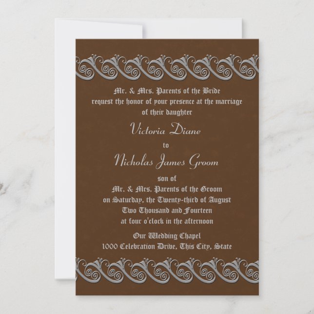Convites Renascance Brown com Pewter Wedding (Frente)
