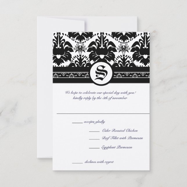 Convites Renascimento Medieval Preto Damask RSVP (Frente)