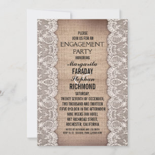 Convites renda antiga e festa de noivado de burlap russa