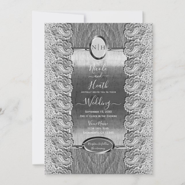 Convites Renda Branca Antiga Cinza Madeira Prata Casamento  (Frente)