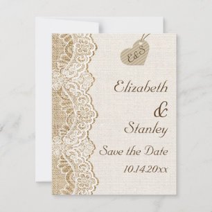 Convites Renda branca & coração em burlap Save the Date de