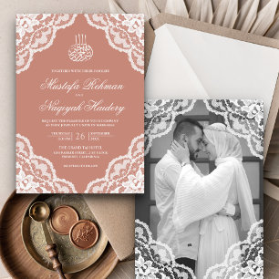 Convites Renda Branca Pêssego Empoeirado Foto de Casamento
