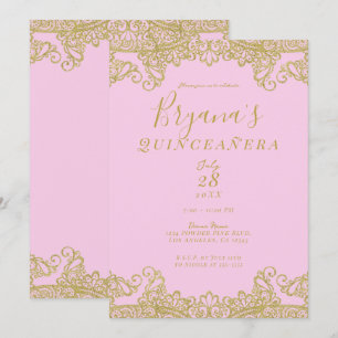 Convites Renda Brilhante Rosa e Dourado Elegante Quinceañer