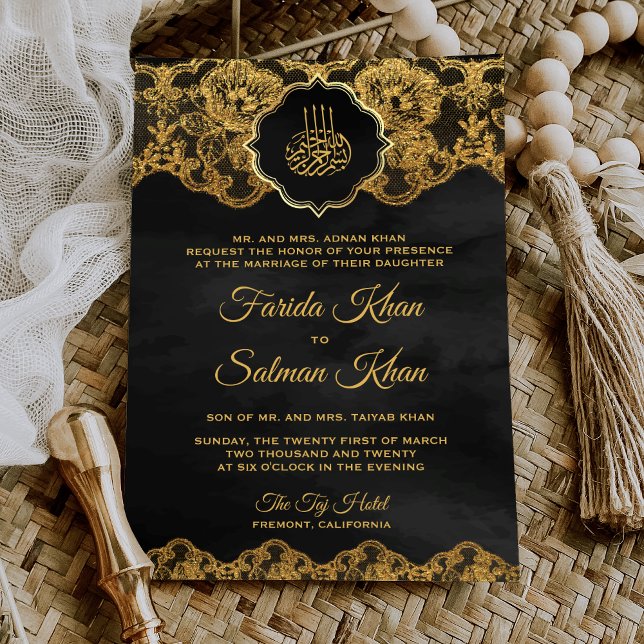Convites Renda com Folha de Ouro Cinza Escuro Casamento Isl (Criador carregado)