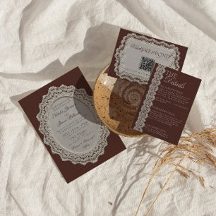 Convites Renda de Crochê Marrom Chocolate Retro Casamento O