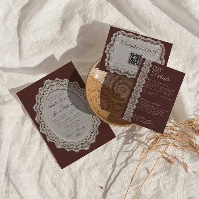 Convites Renda de Crochê Marrom Chocolate Retro Casamento O (Criador carregado)