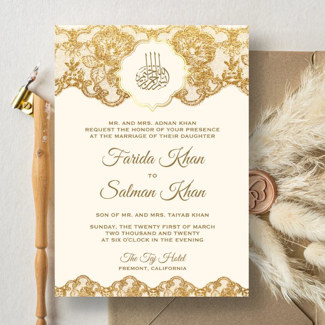 Convites Renda de Ouro e Creme para Casamento Islâmico Muçu (Criador carregado)