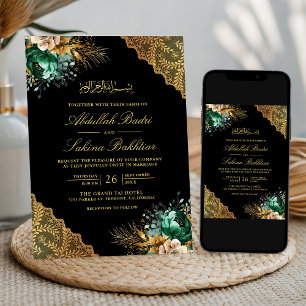 Convites Renda Dourada Floral Esmeralda Preta Casamento Muç