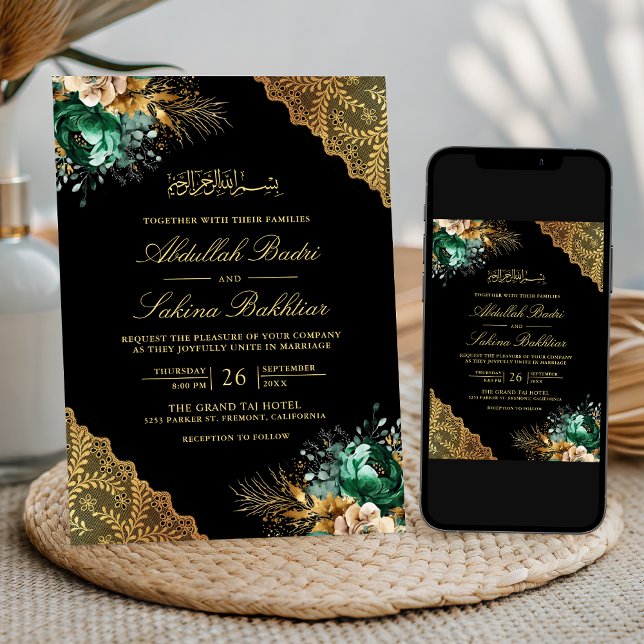 Convites Renda Dourada Floral Esmeralda Preta Casamento Muç (Criador carregado)