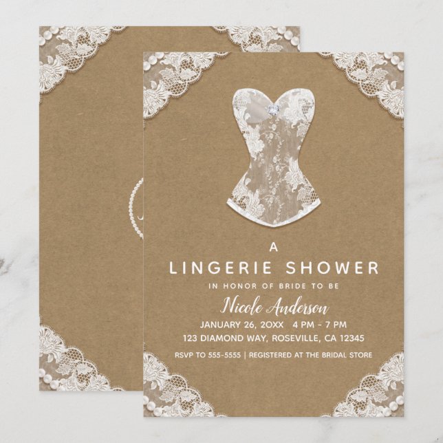 Convites Renda Kraft e Pérolas Lingerie de Noiva Presente d (Frente/Verso)
