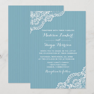 Convites Renda Listras Azuis Casamento Elegante Branco