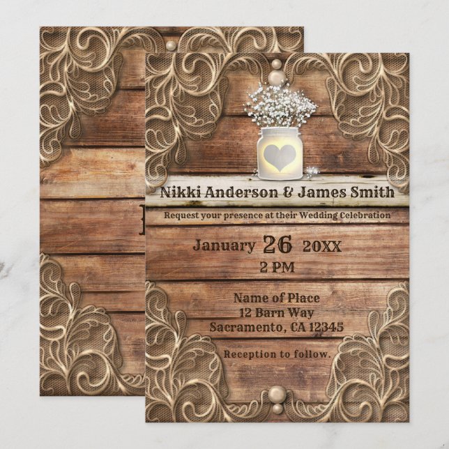 Convites Renda Madeira Rústico Vintage Ocidental Casamento  (Frente/Verso)