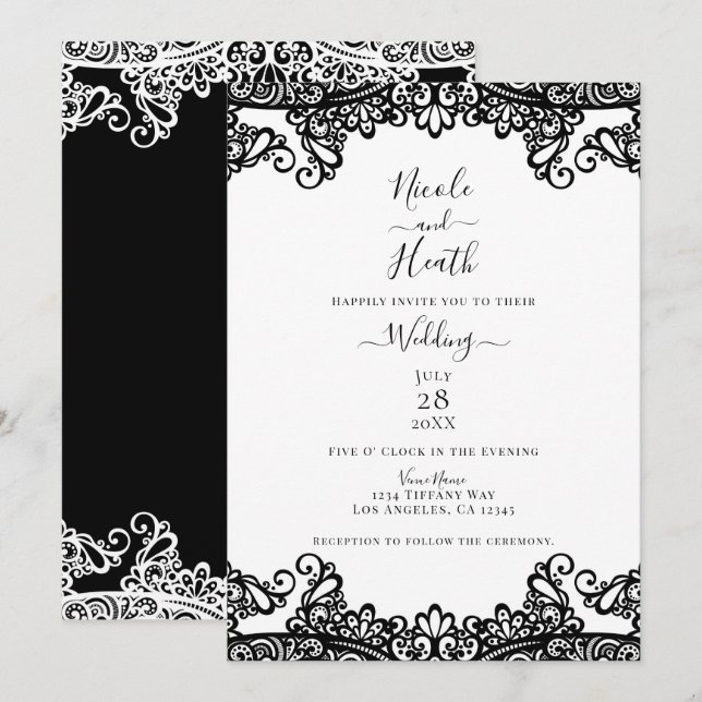Convites Renda Preta e Branca Casamento Elegante (Frente/Verso)
