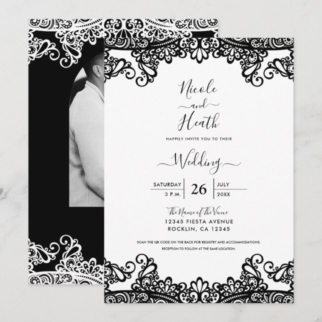 Convites Renda Preta e Branca Casamento Elegante (Frente/Verso)