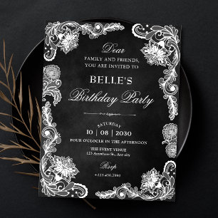 Convites Renda preta e branca de aniversário vintage