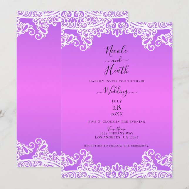 Convites Renda Rosa, Roxo e Branco Casamento Elegante (Frente/Verso)