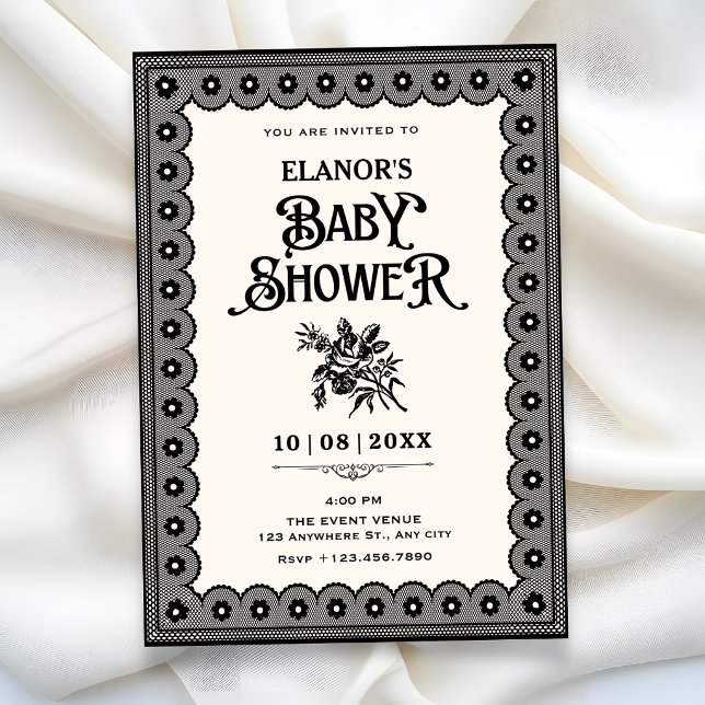Convites Renda vitoriana preta baby shower (Criador carregado)